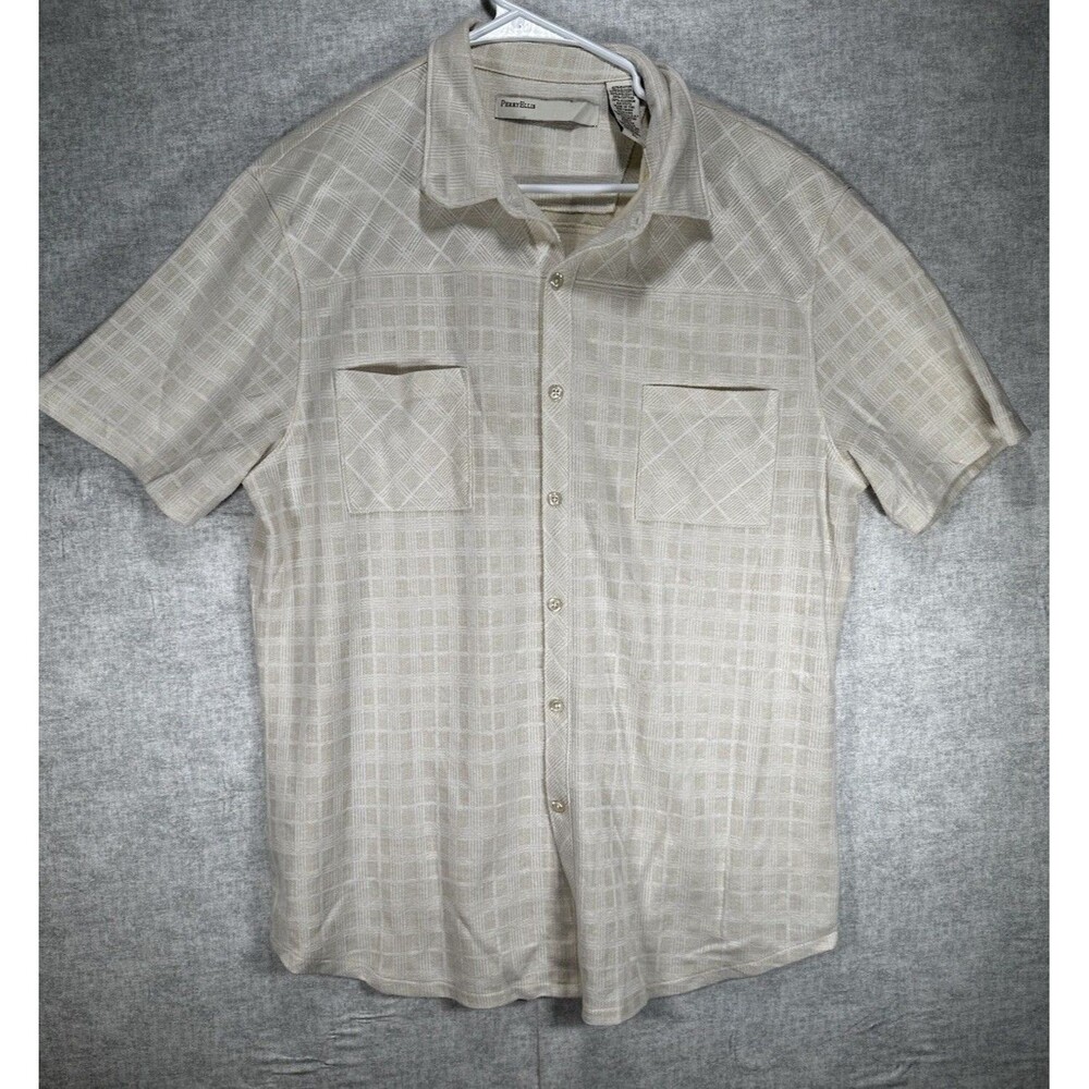 Perry Ellis Cotton Blend Button Up Cream Color Shirt Mens Size XL Short Sleeve